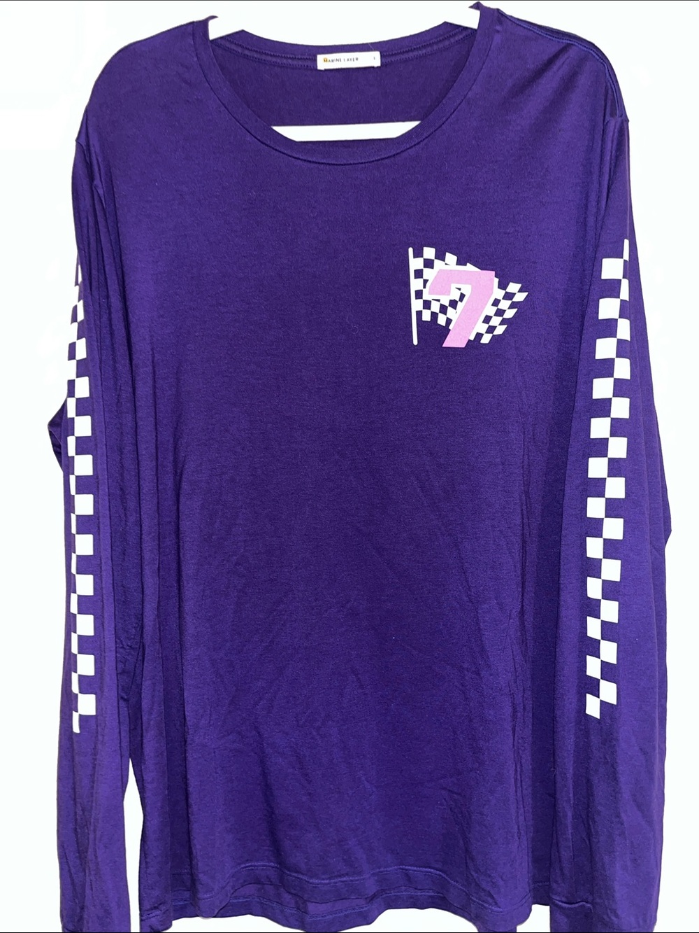 Marine Layer Purple Long-Sleeve Tee with Checker Sleeve Detail